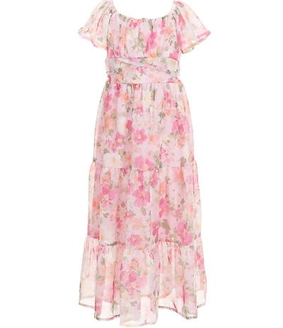 Xtraordinary Little Girls Flutter Sleeve Wrap Waist Floral Print Tiered Maxi Dress