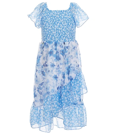 Xtraordinary Little Girls Flutter Sleeve Floral Mixed Media Printed Chiffon Midi Dress