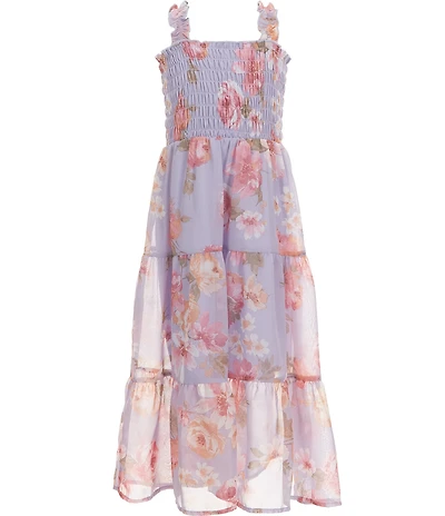 Xtraordinary Little Girls Sleeveless Floral Printed Smocked Chiffon Maxi Dress