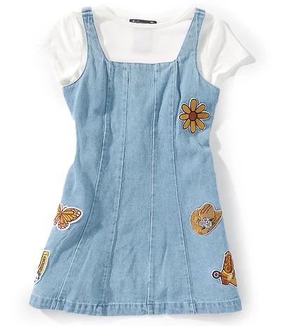 Xtraordinary Little Girls Sleeveless Patch-Detailed Denim Jumper Dress & Short-Sleeve Knit T-Shirt Set