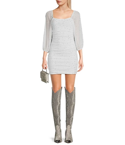 Xtraordinary Rhinestone 3/4 Mesh Sleeve Ruched Bodycon Dress