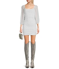 Xtraordinary Rhinestone 3/4 Mesh Sleeve Ruched Bodycon Dress