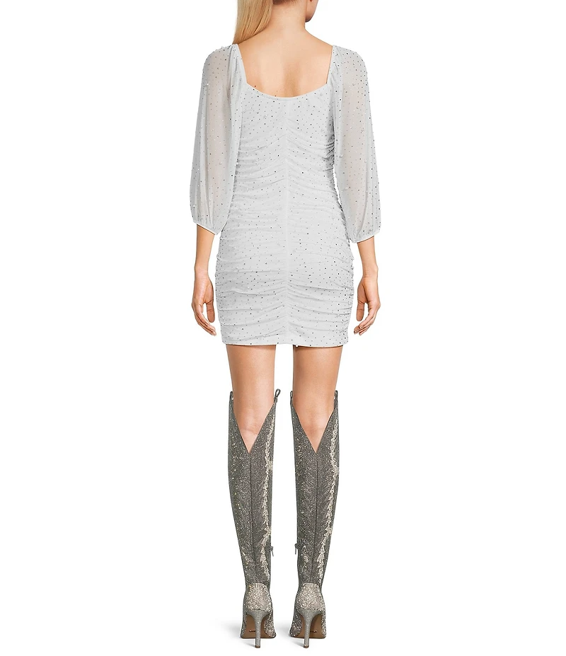 Xtraordinary Rhinestone 3/4 Mesh Sleeve Ruched Bodycon Dress