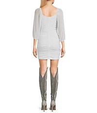 Xtraordinary Rhinestone 3/4 Mesh Sleeve Ruched Bodycon Dress