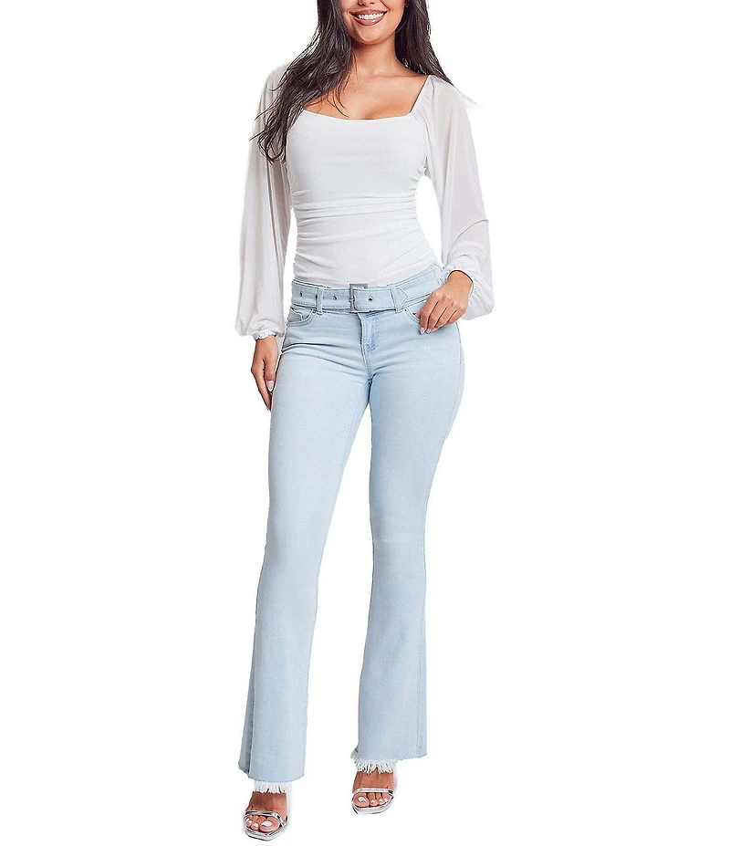 YMI Jeanswear Low Rise Frayed Hem Buckle Flare Jeans