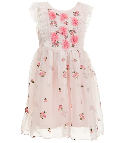 Zunie Little Girls Flutter Sleeve 3D Flowers And Embroidered Mesh A-Line Dress