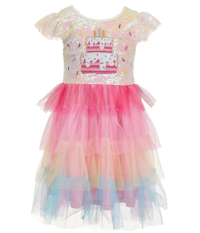 Zunie Little Girls Flutter Sleeve Sequin Body Birthday Cake Applique Tiered Tutu Dress