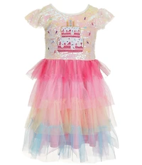 Zunie Little Girls Flutter Sleeve Sequin Body Birthday Cake Applique Tiered Tutu Dress