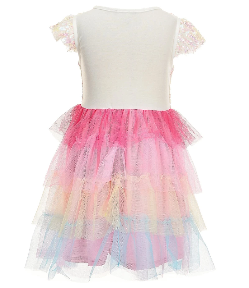 Zunie Little Girls Flutter Sleeve Sequin Body Birthday Cake Applique Tiered Tutu Dress