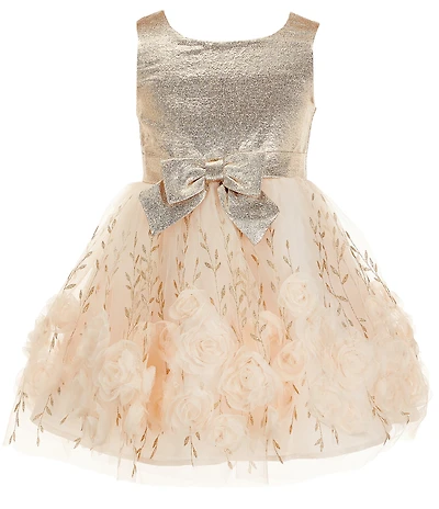 Zunie Little Girls Sleeveless Soutache Flowers Skirt Silk Brocade Bodice and Bow Detail Dress