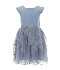 Zunie Little Girls Short-Sleeve Ponte-Bodice/Glitter-Accented Cascading Mesh-Skirted Fit-And-Flare Dress