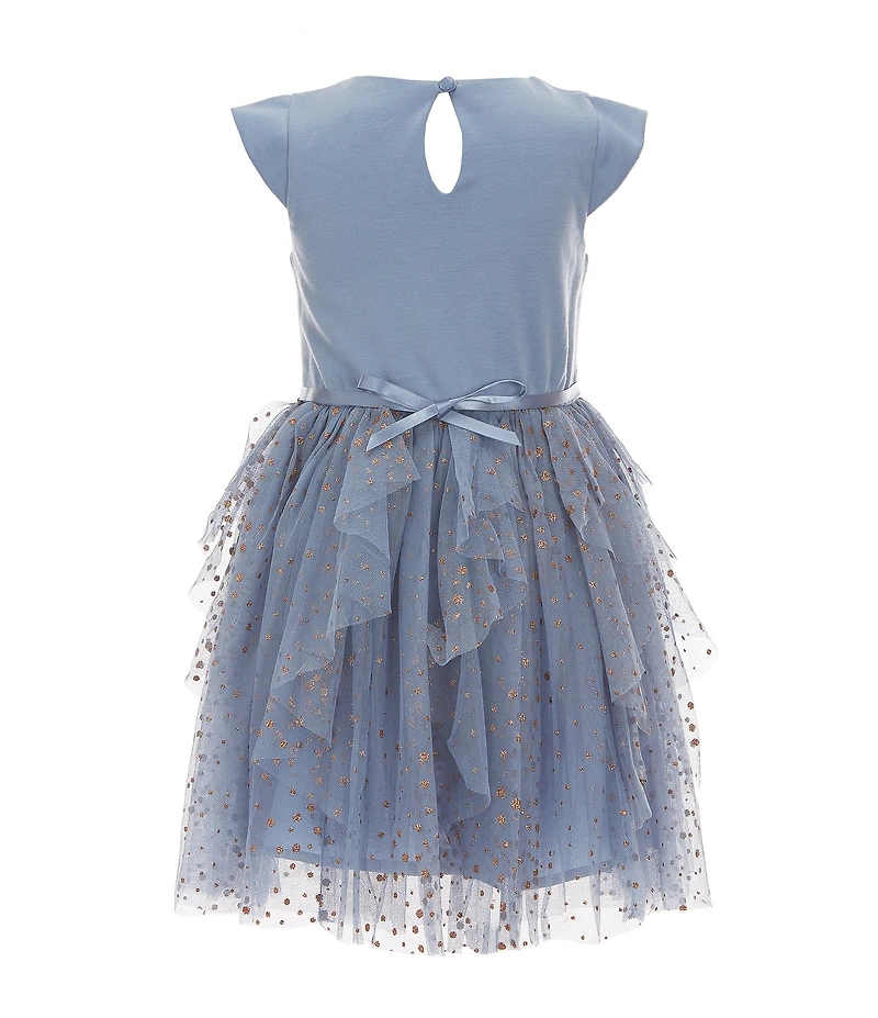 Zunie Little Girls Short-Sleeve Ponte-Bodice/Glitter-Accented Cascading Mesh-Skirted Fit-And-Flare Dress