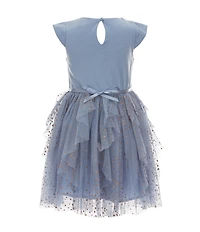 Zunie Little Girls Short-Sleeve Ponte-Bodice/Glitter-Accented Cascading Mesh-Skirted Fit-And-Flare Dress