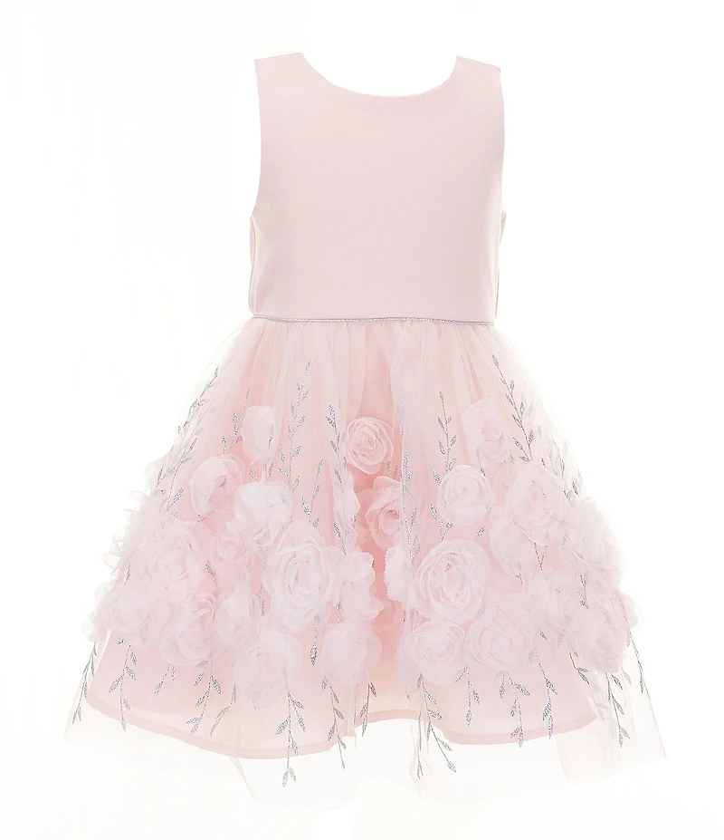 Zunie Little Girls Sleeveless Solid Ponte Bodice/Rosette-Appliqued Mesh Fit-And-Flare Dress