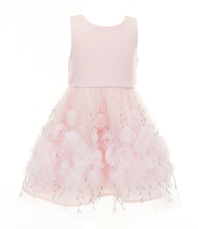 Zunie Little Girls Sleeveless Solid Ponte Bodice/Rosette-Appliqued Mesh Fit-And-Flare Dress