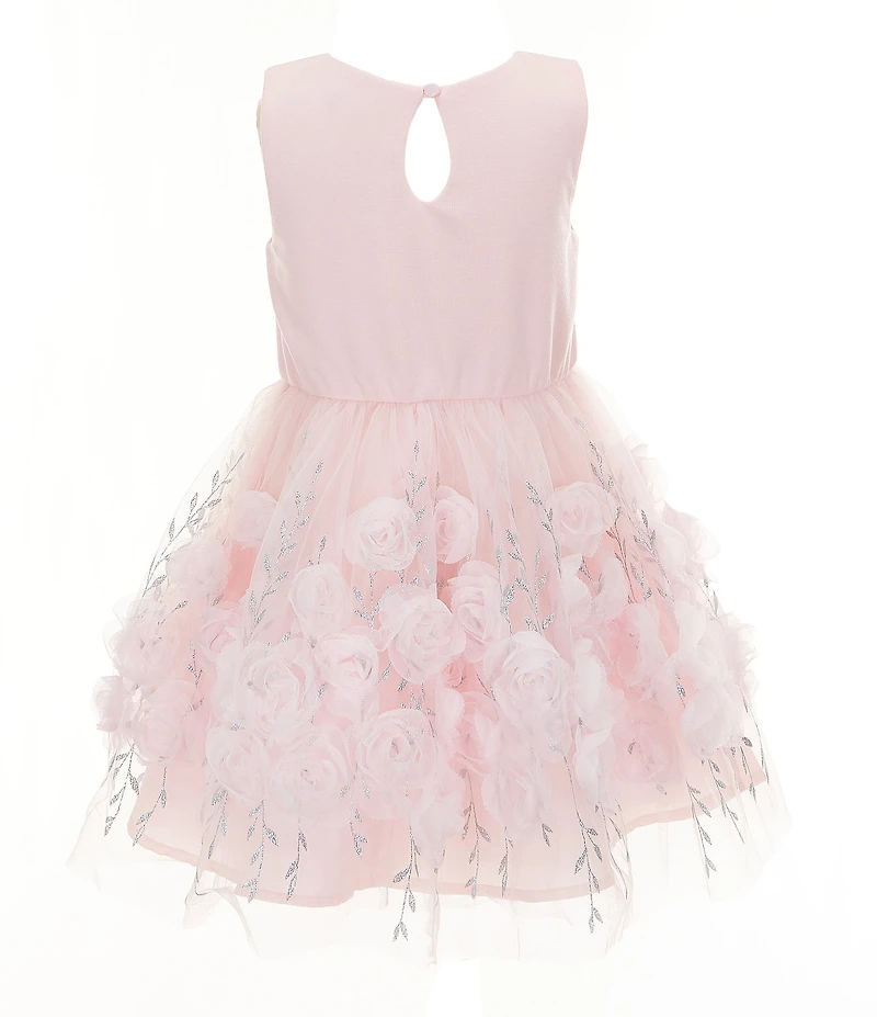 Zunie Little Girls Sleeveless Solid Ponte Bodice/Rosette-Appliqued Mesh Fit-And-Flare Dress