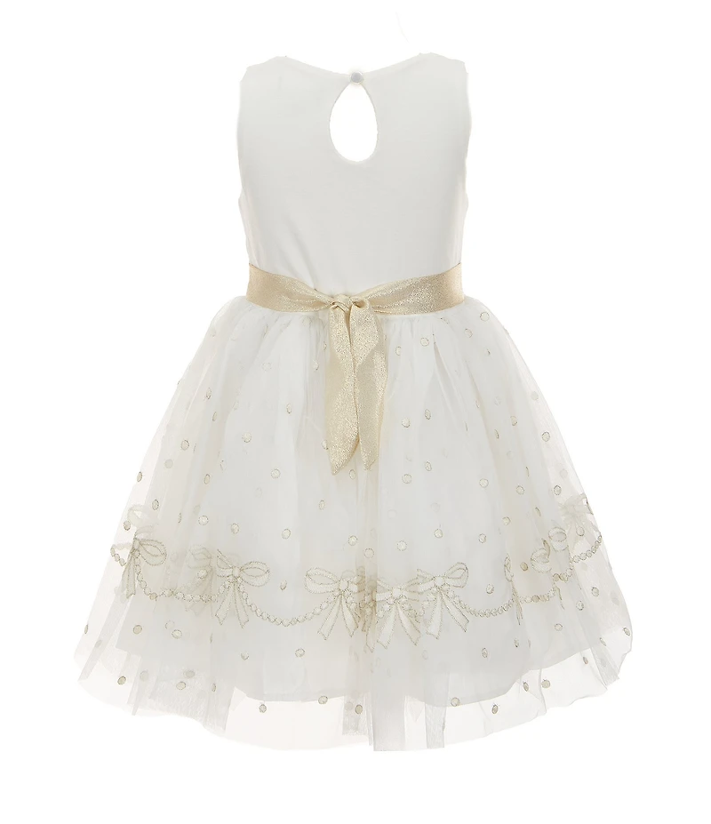 Zunie Little Girls Sleeveless Solid Ponte/Metallic-Embroidered Bow-Border-Hem Mesh-Skirted Fit & Flare Dress