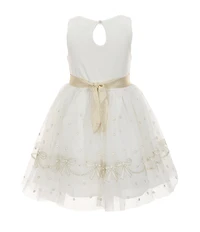 Zunie Little Girls Sleeveless Solid Ponte/Metallic-Embroidered Bow-Border-Hem Mesh-Skirted Fit & Flare Dress