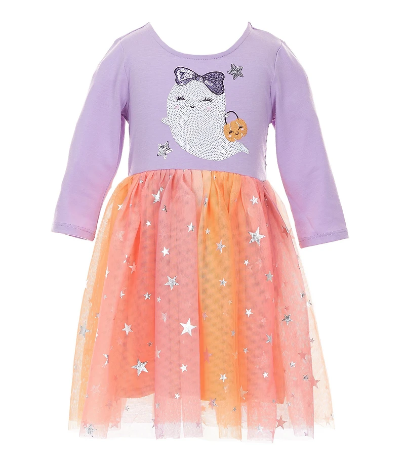 Zunie Little Girls 3/4-Sleeve Halloween Ghost-Appliqued Jersey Bodice/Ombre Star-Foiled Mesh Skirted Fit-And-Flare Dress