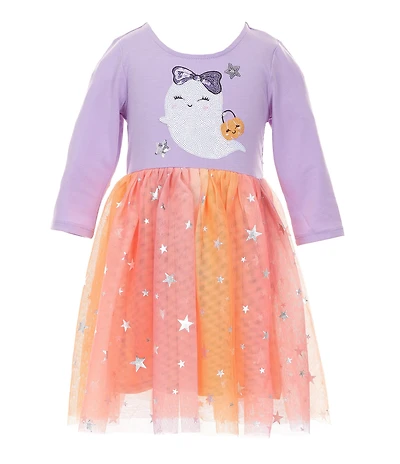 Zunie Little Girls 3/4-Sleeve Halloween Ghost-Appliqued Jersey Bodice/Ombre Star-Foiled Mesh Skirted Fit-And-Flare Dress