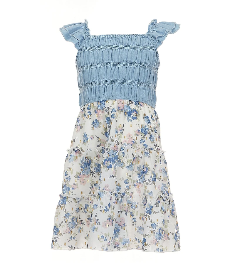 Zunie Little Girls Flutter-Sleeve Smocked Denim Bodice Foiled Floral Printed Tutu Skirted Dress