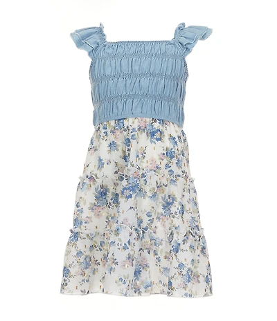 Zunie Little Girls Flutter-Sleeve Smocked Denim Bodice Foiled Floral Printed Tutu Skirted Dress