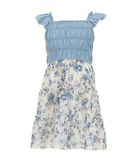 Zunie Little Girls Flutter-Sleeve Smocked Denim Bodice Foiled Floral Printed Tutu Skirted Dress
