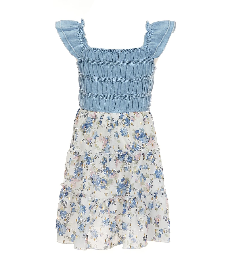 Zunie Little Girls Flutter-Sleeve Smocked Denim Bodice Foiled Floral Printed Tutu Skirted Dress