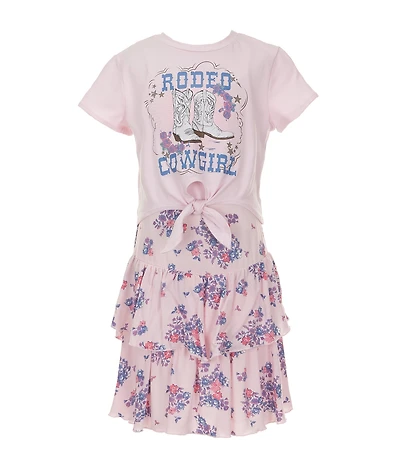 Zunie Little Girls Sleeveless Floral-Printed Challis Long Dress & Short-Sleeve Cowgirl Rodeo T-Shirt Set