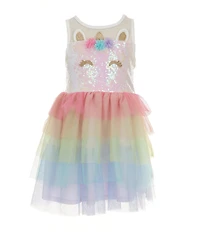 Zunie Little Girls Sleeveless Unicorn-Face-Applique/Rainbow-Pattern Tutu-Skirted Dress