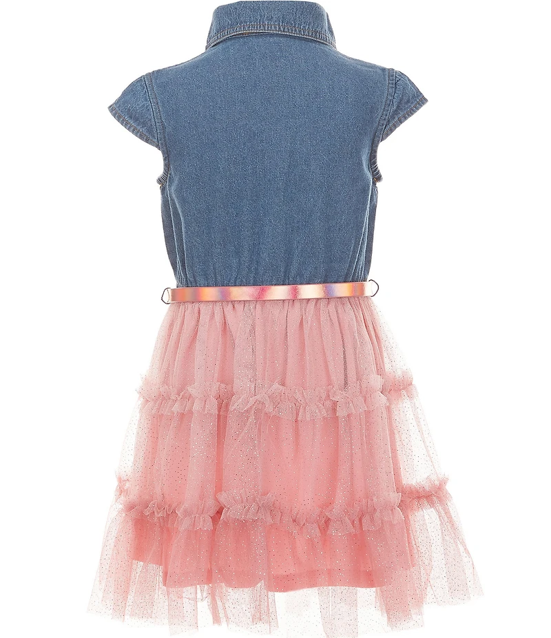 Zunie Little Girls Cap Sleeve Denim & Mesh Ruffle Tier Dress