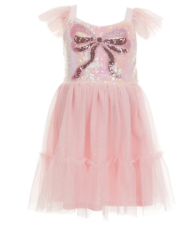 Zunie Little Girls Flutter-Sleeve Sequin-Embellished Bow-Accented Bodice/Sheer-Mesh-Overlay Skirted Fit-And-Flare Dress