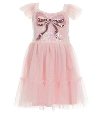 Zunie Little Girls Flutter-Sleeve Sequin-Embellished Bow-Accented Bodice/Sheer-Mesh-Overlay Skirted Fit-And-Flare Dress