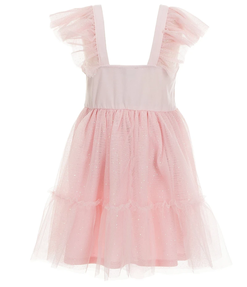 Zunie Little Girls Flutter-Sleeve Sequin-Embellished Bow-Accented Bodice/Sheer-Mesh-Overlay Skirted Fit-And-Flare Dress
