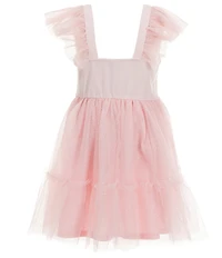 Zunie Little Girls Flutter-Sleeve Sequin-Embellished Bow-Accented Bodice/Sheer-Mesh-Overlay Skirted Fit-And-Flare Dress