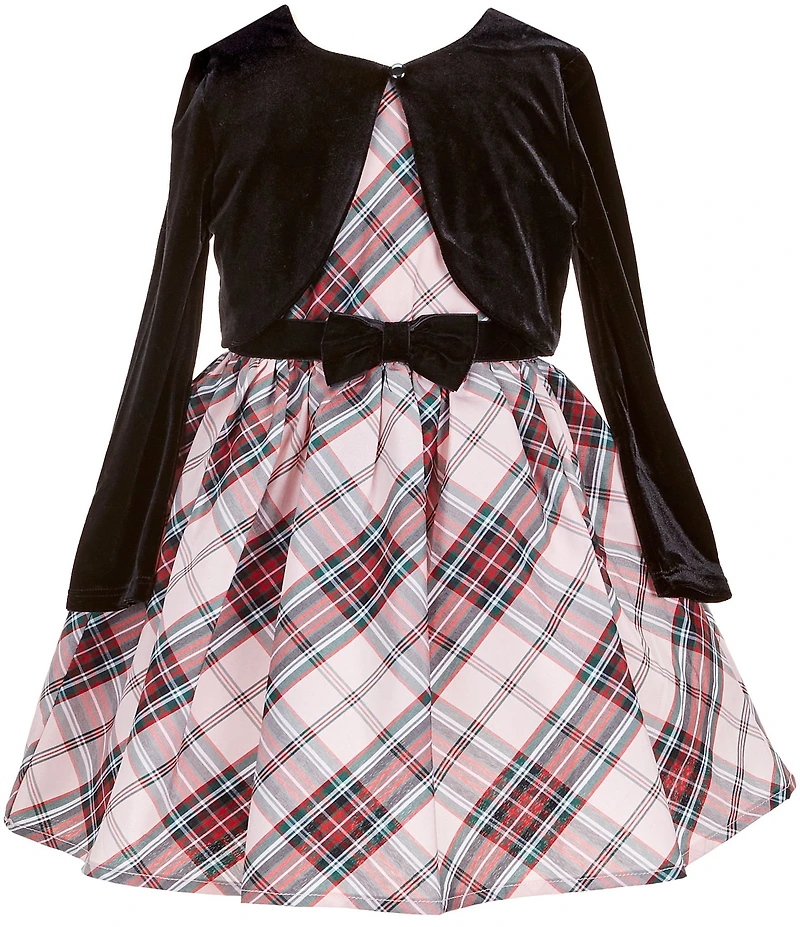 Zunie Little Girls Long-Sleeve Black Velvet Shrug & Sleeveless Plaid Taffeta Fit-And-Flare Dress Set