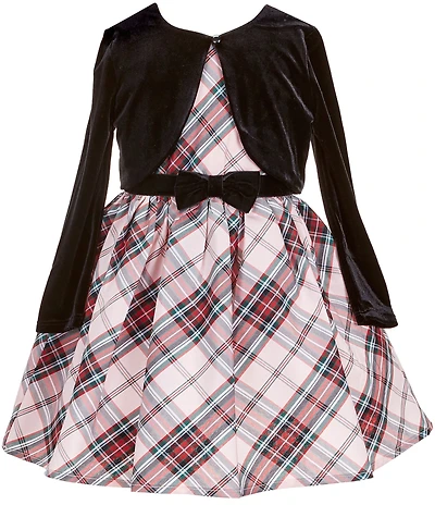 Zunie Little Girls Long-Sleeve Black Velvet Shrug & Sleeveless Plaid Taffeta Fit-And-Flare Dress Set