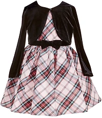 Zunie Little Girls Long-Sleeve Black Velvet Shrug & Sleeveless Plaid Taffeta Fit-And-Flare Dress Set