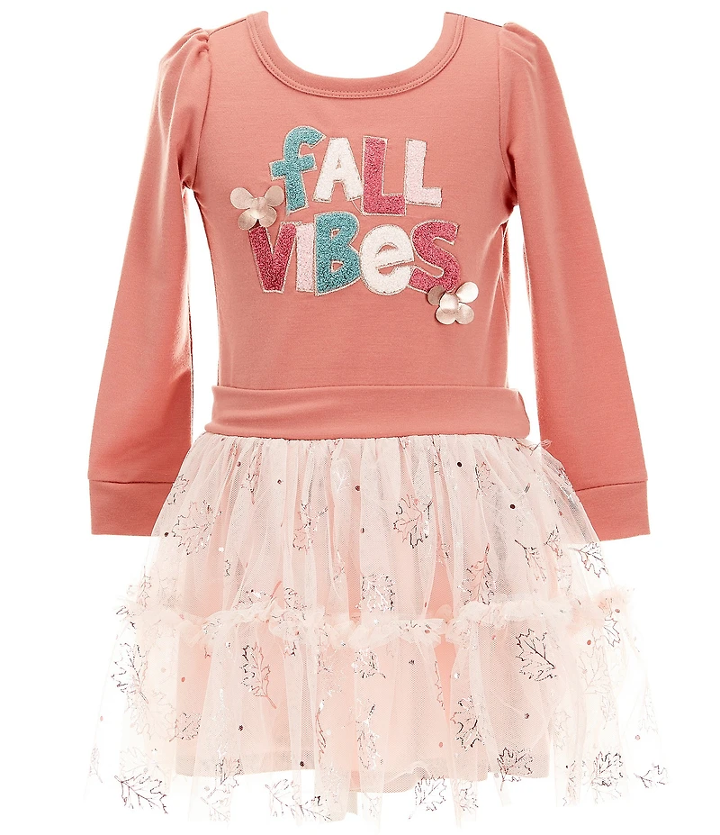 Zunie Little Girls Long-Sleeve French Terry Fall Vibes Bodice/Drop-Waist Mesh Tutu Dress