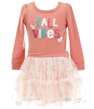 Zunie Little Girls Long-Sleeve French Terry Fall Vibes Bodice/Drop-Waist Mesh Tutu Dress