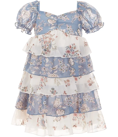 Zunie Little Girls Puff Sleeve Mixed Floral Tiered Dress