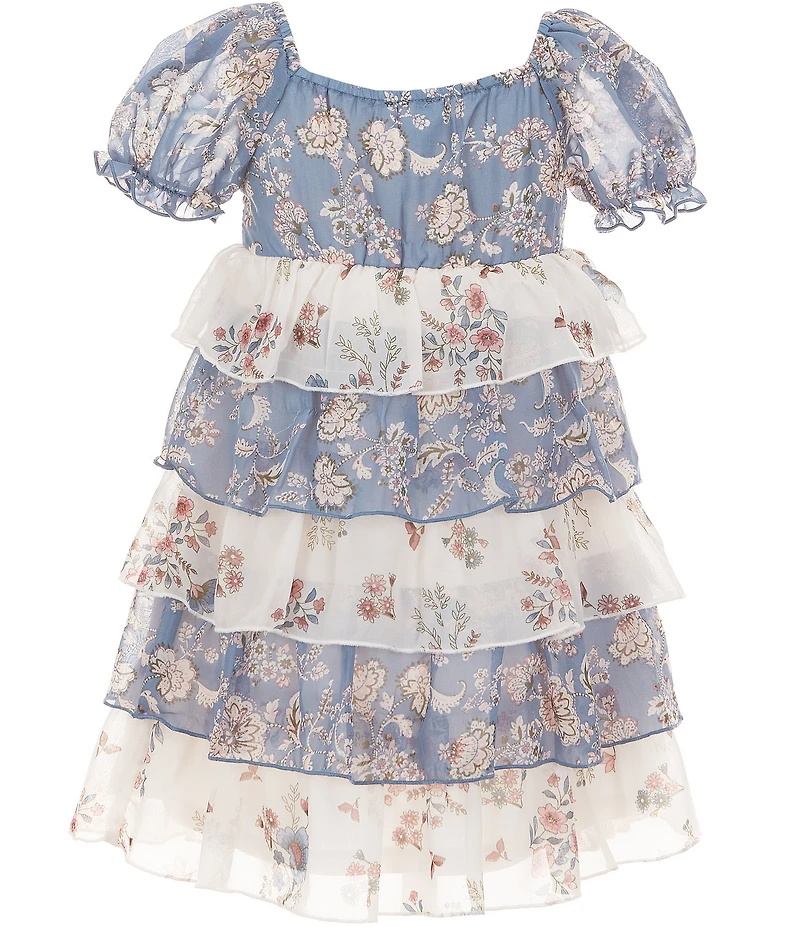 Zunie Little Girls Puff Sleeve Mixed Floral Tiered Dress