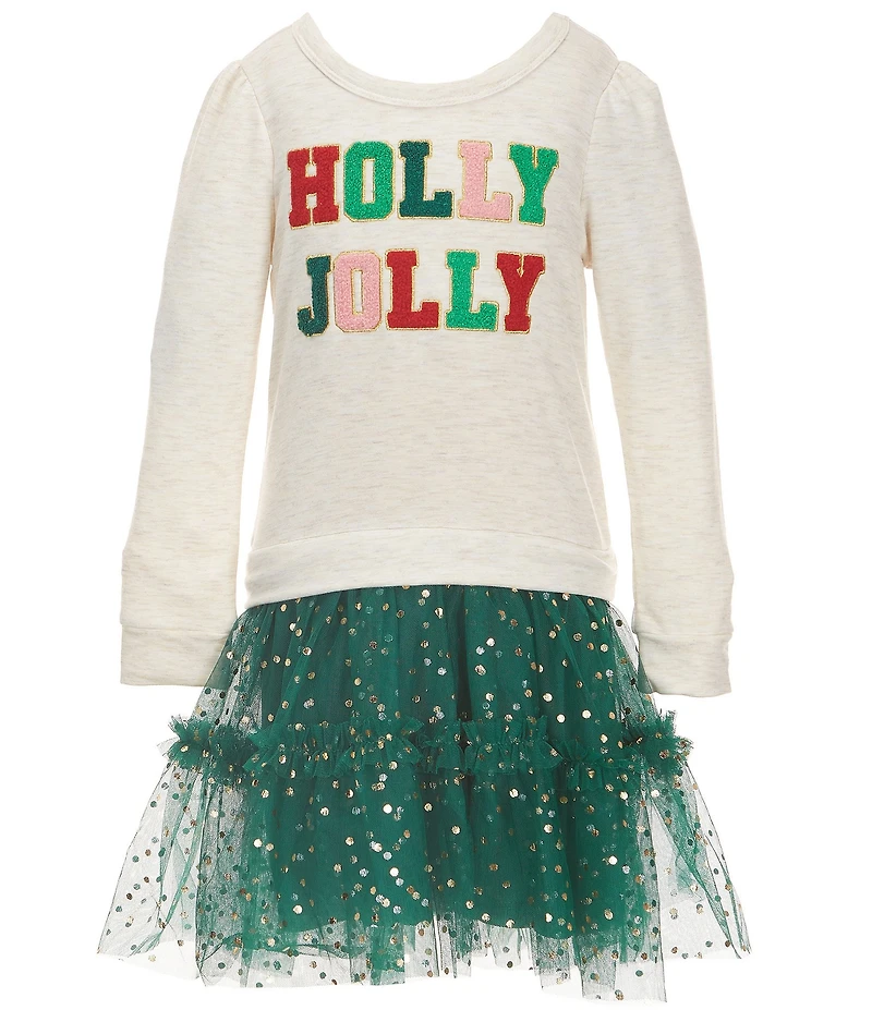 Zunie Little Girls Puffed-Sleeve French Terry Holiday Holly Jolly Bodice/Floral/Dotted-Foiled Ombre Skirted Drop-Waist Dress