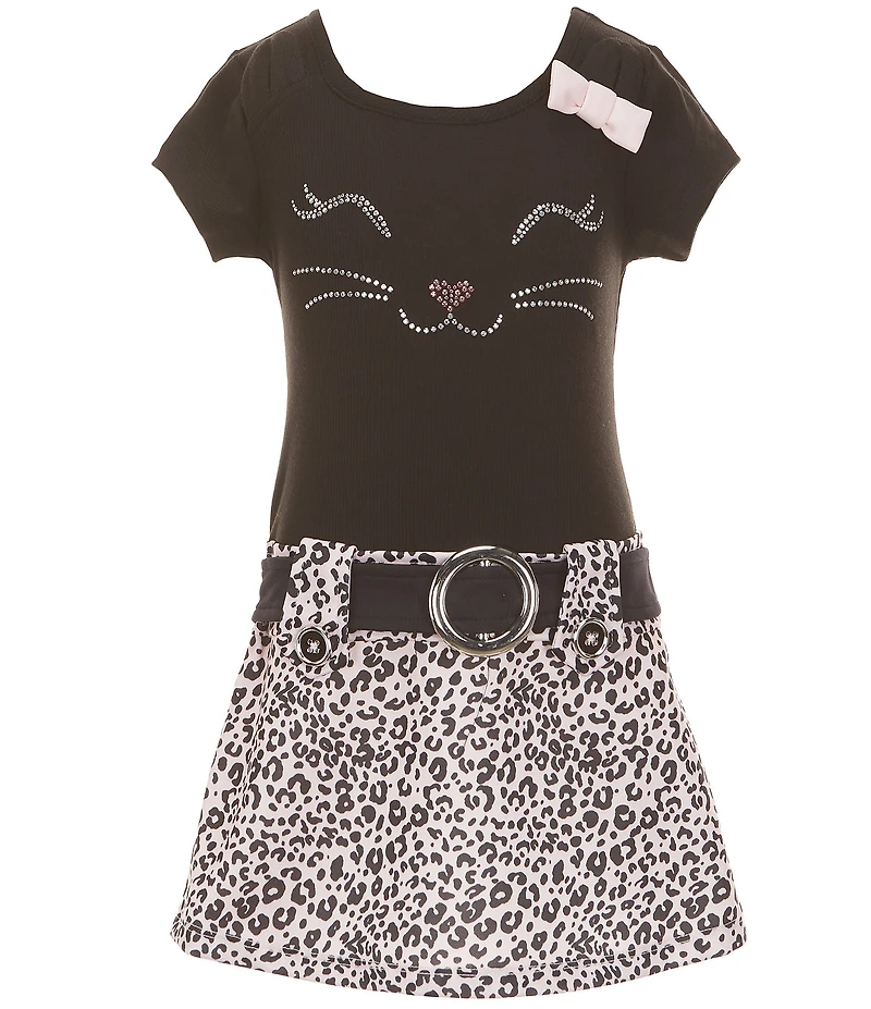 Zunie Little Girls Short Sleeve Kitty Face Animal Print Dress