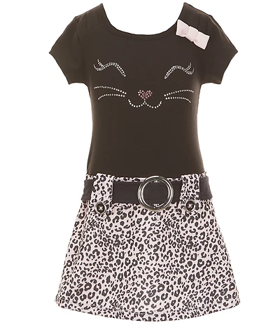 Zunie Little Girls Short Sleeve Kitty Face Animal Print Dress