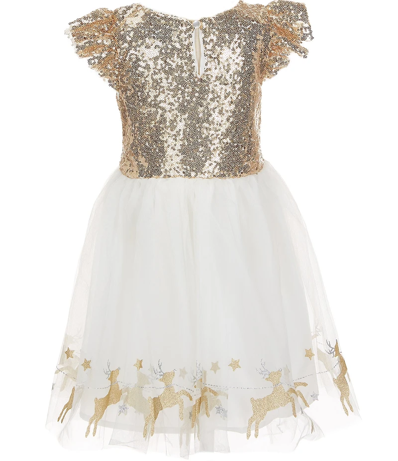 Zunie Little Girls Short-Sleeve Sequin-Embellished Bodice/Reindeer-Border Hem Mesh-Overlay-Skirted Fit-And-Flare Dress