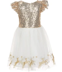 Zunie Little Girls Short-Sleeve Sequin-Embellished Bodice/Reindeer-Border Hem Mesh-Overlay-Skirted Fit-And-Flare Dress