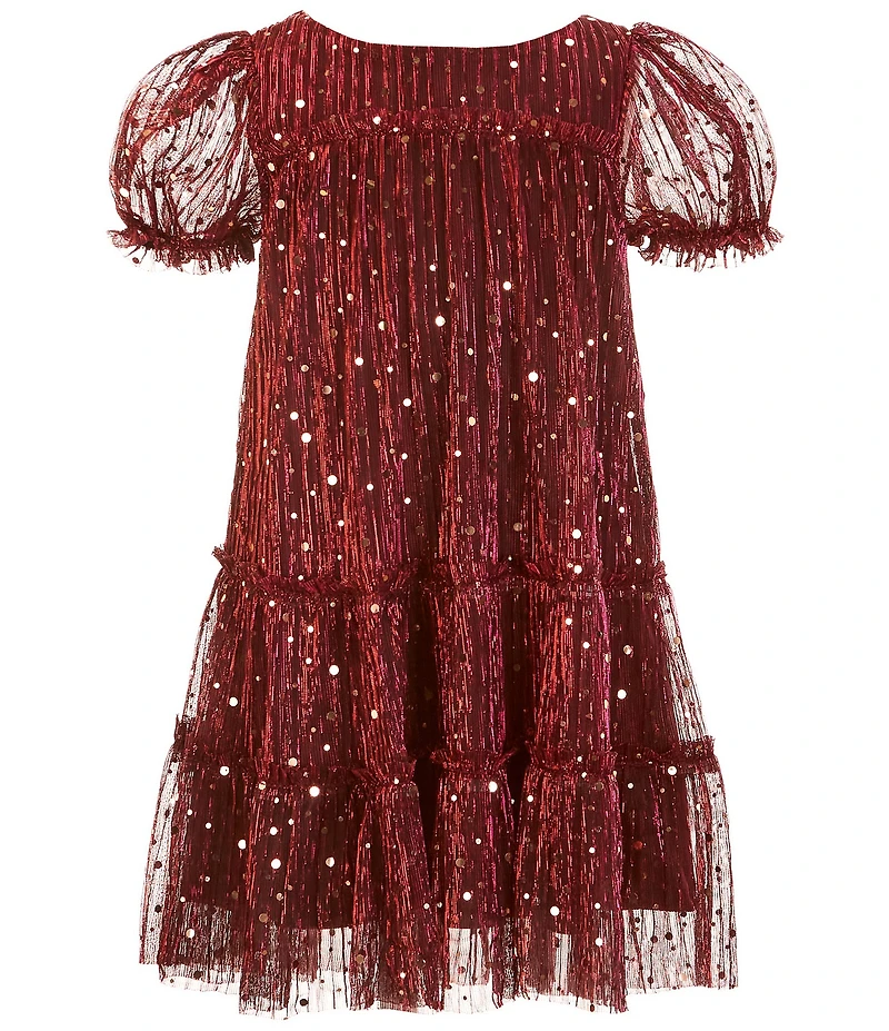 Zunie Little Girls Short Sleeve Sequin-Embellished Metallic Plisse Babydoll Dress