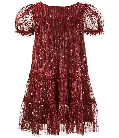 Zunie Little Girls Short Sleeve Sequin-Embellished Metallic Plisse Babydoll Dress