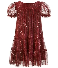 Zunie Little Girls Short Sleeve Sequin-Embellished Metallic Plisse Babydoll Dress